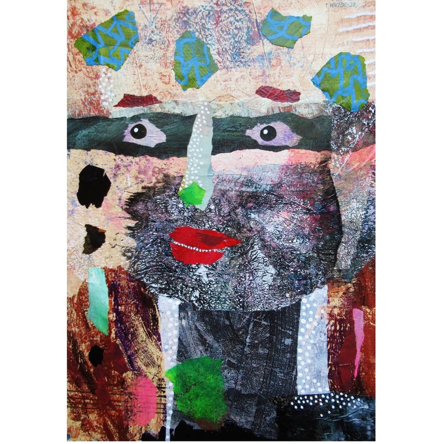 Weird Portrait Painting Outsider Art Brut Mixed Media Surreal In Collage Acrylic