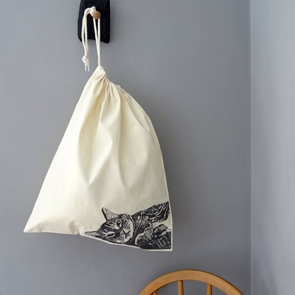 Tabby Cat Drawstring Bag - Re-Usable Cotton Bag, cat lover, laundry bag, gym