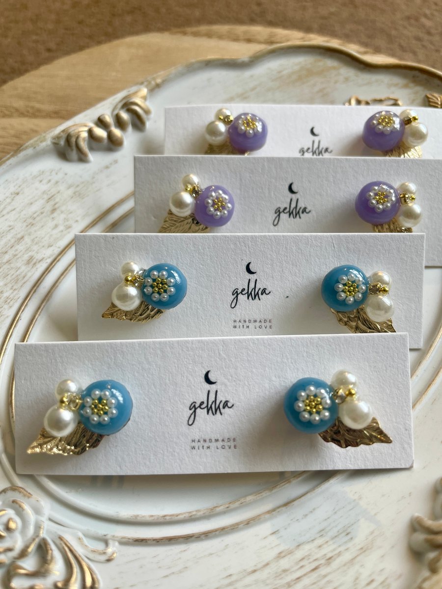 Blue Flower and Pearl Earrings 