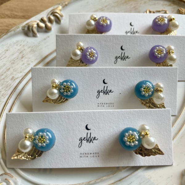 Blue Flower and Pearl Earrings 