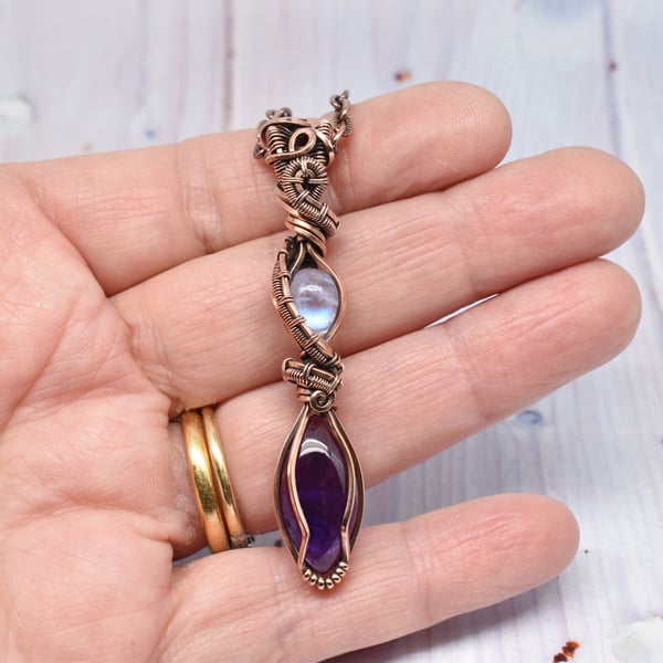 Amethyst and Moonstone Wire Wrapped Copper One of a Kind Necklace