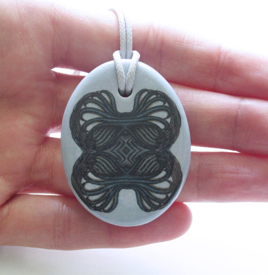 Teal Green Geometric Design Oval Ceramic Pendant on Grey Cord with Lobster Clasp