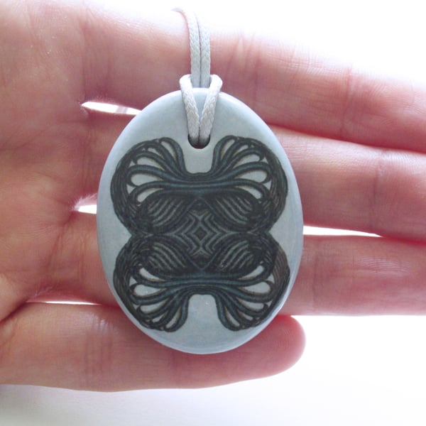 Teal Green Geometric Design Oval Ceramic Pendant on Grey Cord with Lobster Clasp