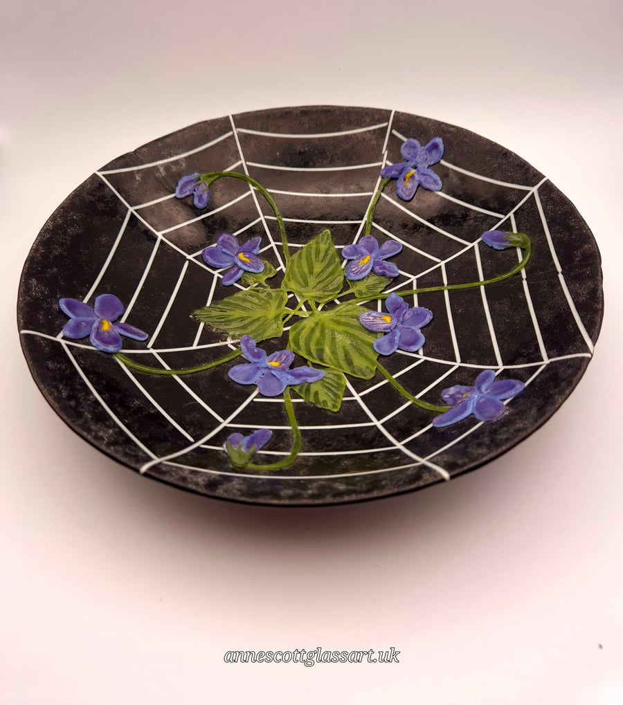 Handmade 3D Fused Glass Violets Caught in a Spiders Web Bowl