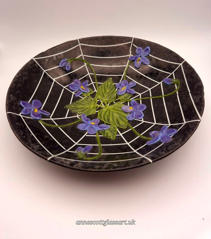 Handmade 3D Fused Glass Violets Caught in a Spiders Web Bowl
