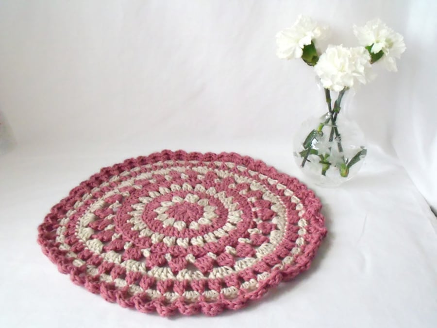 dusky pink crocheted cotton doily mandala for your plant, lamp or vase