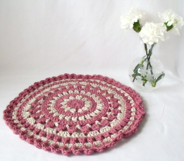 dusky pink crocheted cotton doily mandala for your plant, lamp or vase