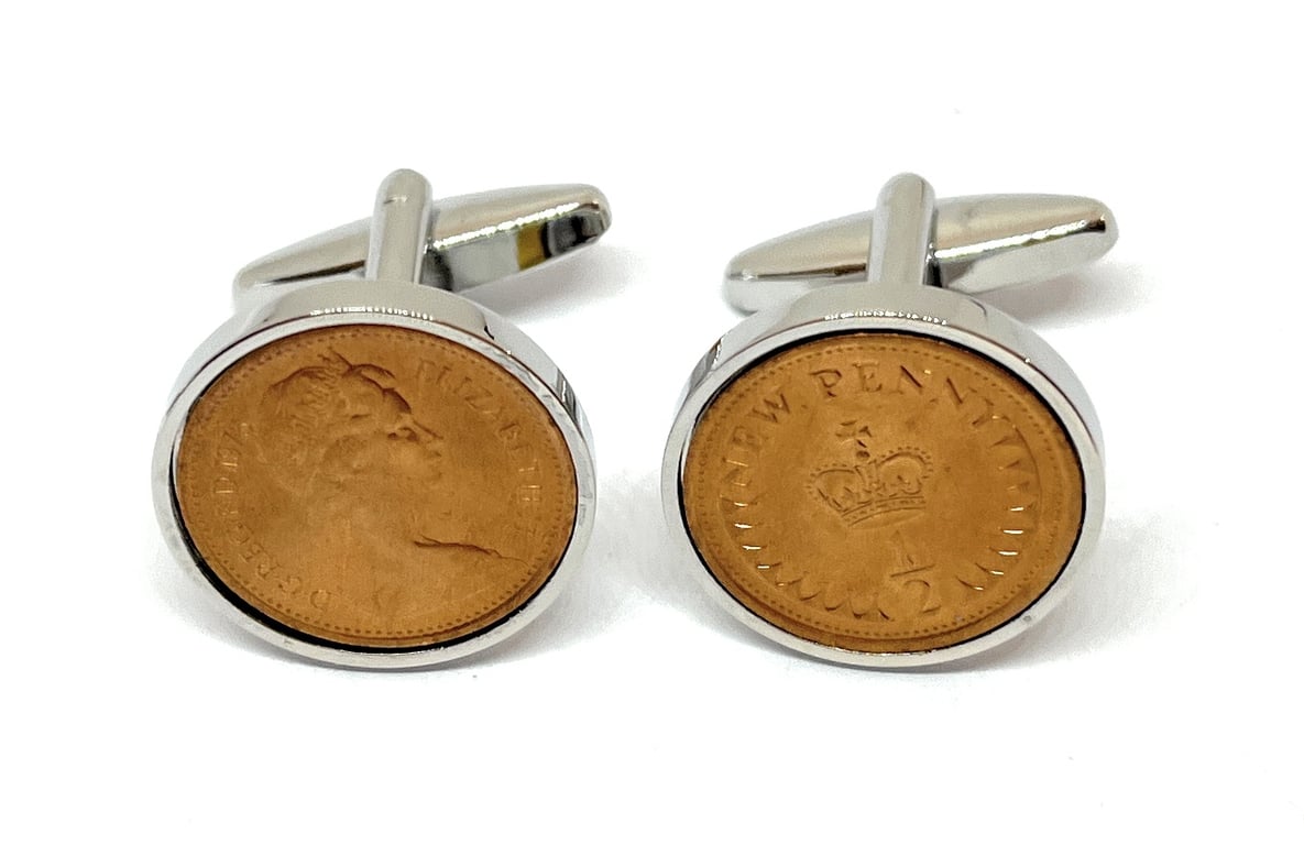 Vintage Retro 1975 half pence coin cufflinks for a 50th Birthday 