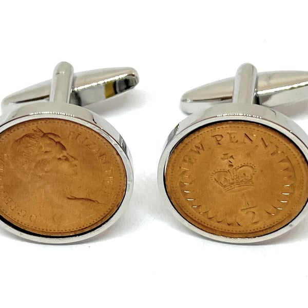 Vintage Retro 1975 half pence coin cufflinks for a 50th Birthday 
