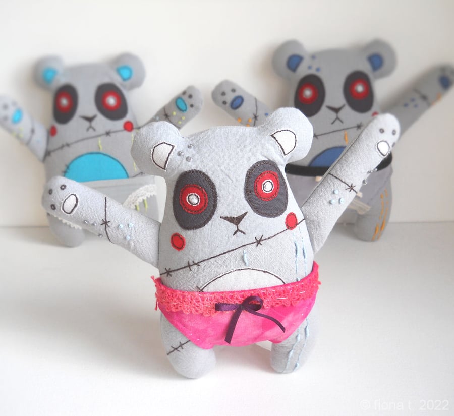 embroidered zombie panda in silk knickers - grey and pink