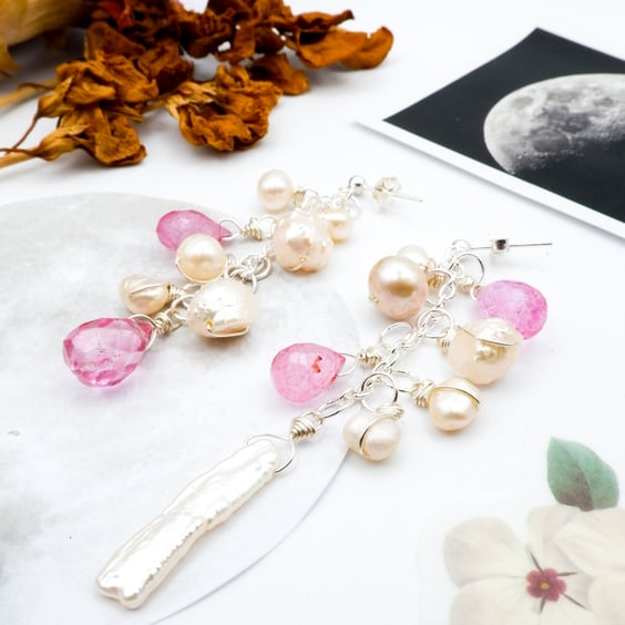 Sterling Silver Freshwater Baroque Pearl Pink Topaz Gemstone Confetti Earrings 