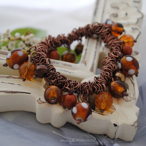 Sale-Mustard & Brown Copper Charm Srunchie Bracelet