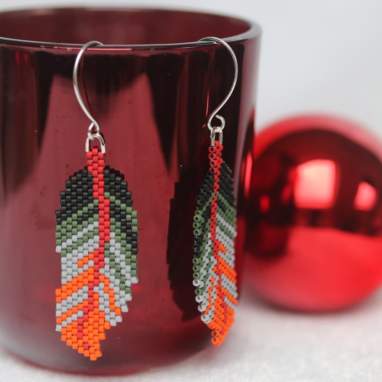 Beaded Feather Shaped Earrings in Orange, Red and Green