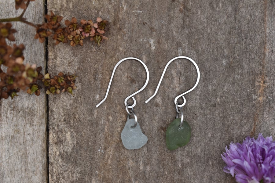 Scottish Sea Glass and Recycled Sterling Silver Everyday Earrings, Mismatched