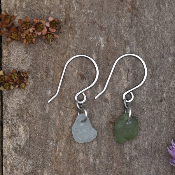 Scottish Sea Glass and Recycled Sterling Silver Everyday Earrings, Mismatched