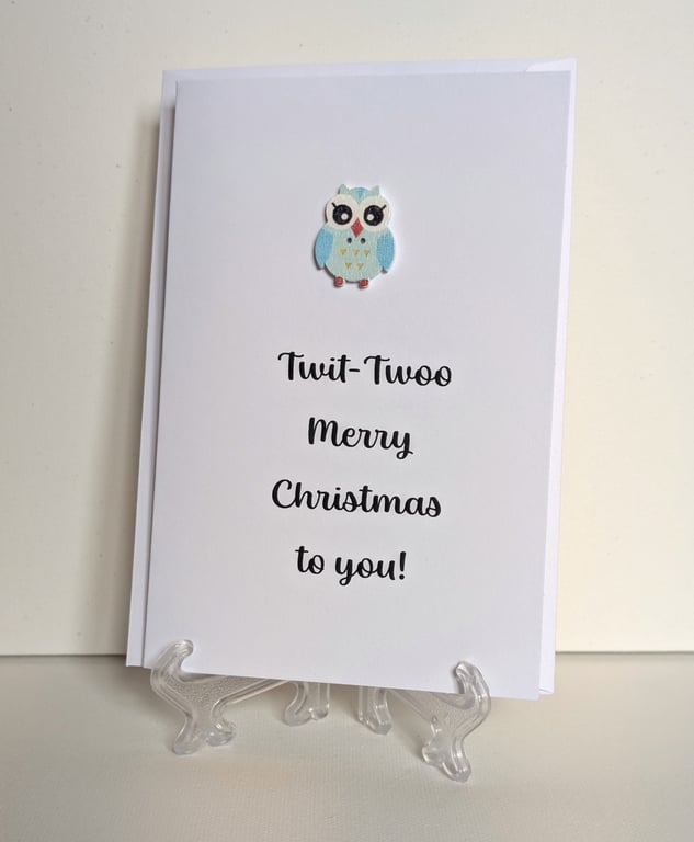 Merry Christmas card with an owl button - Twit-twoo Merry Christmas to you