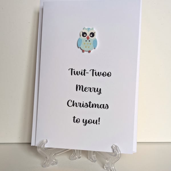 Merry Christmas card with an owl button - Twit-twoo Merry Christmas to you