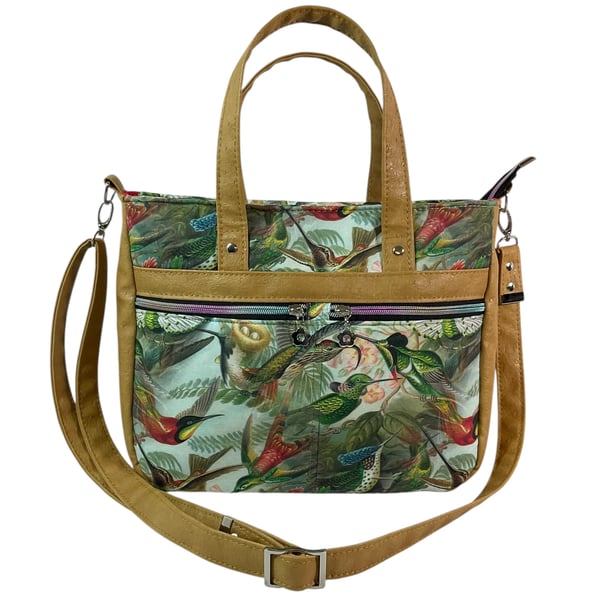 Hummingbird handbag with faux leather, ladies floral tote, women’s gift