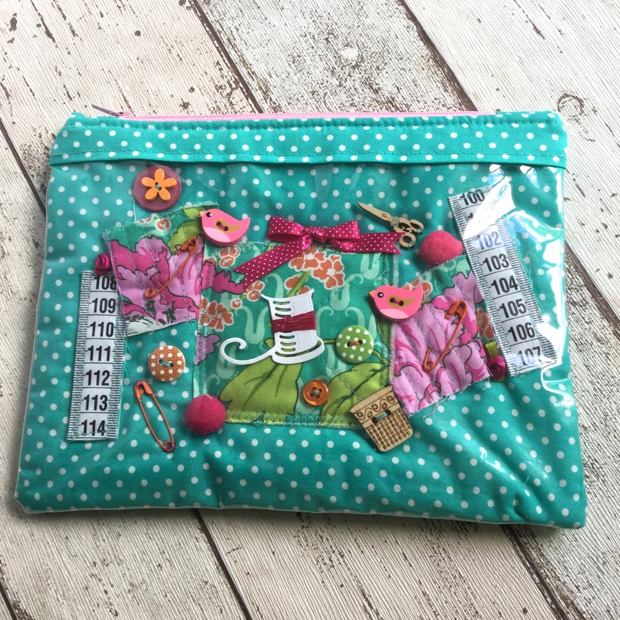 Vinyl Fronted Sewing Themed  Zipped Pouch