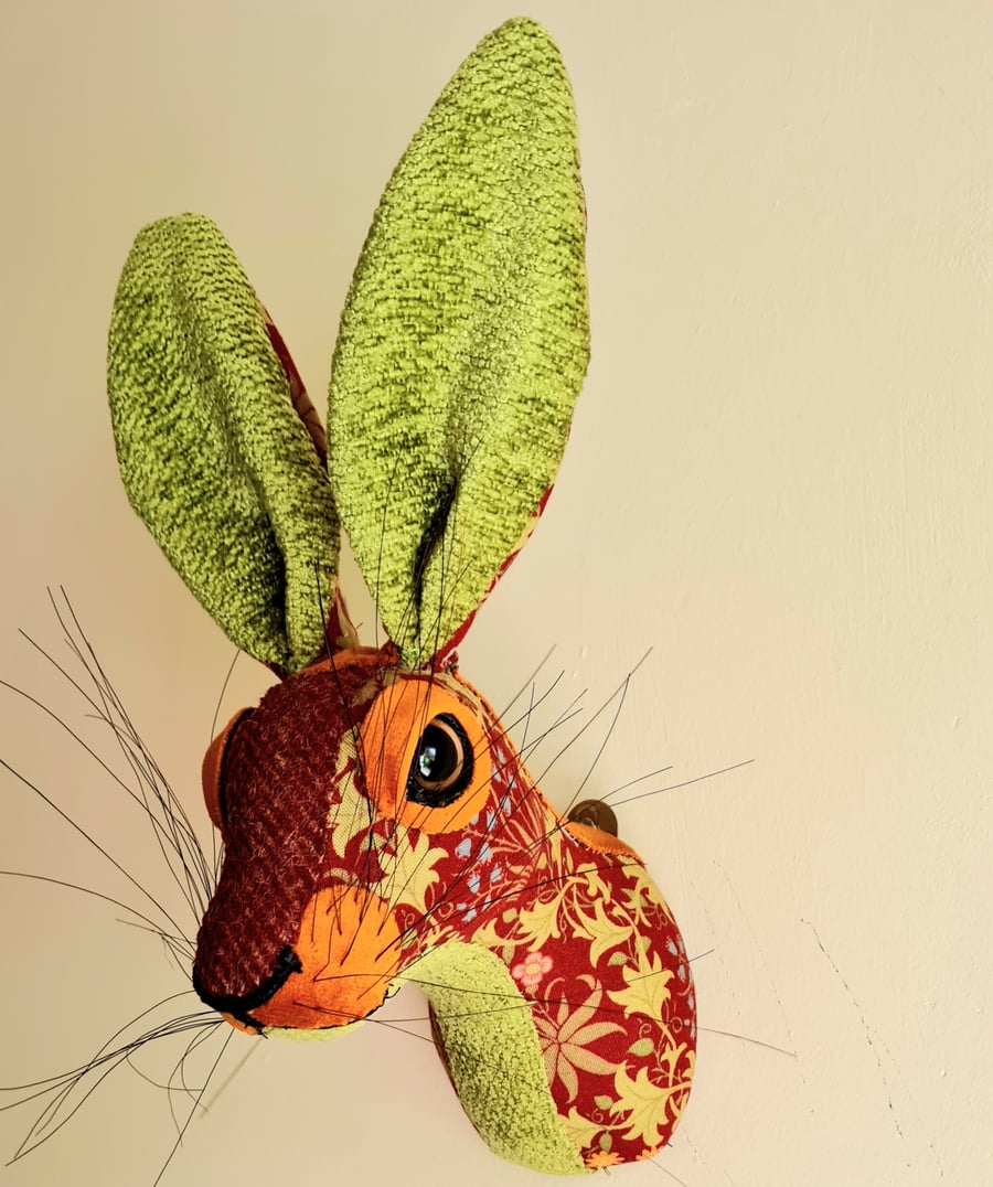 Faux hare head wall mount in May  Morris fabric