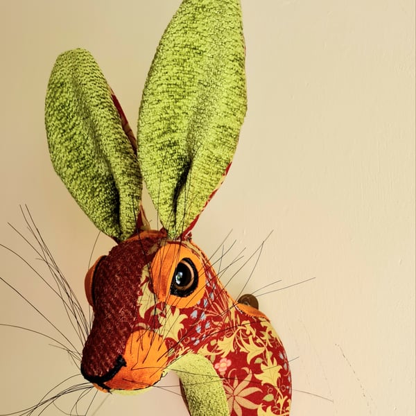 Faux hare head wall mount in May  Morris fabric