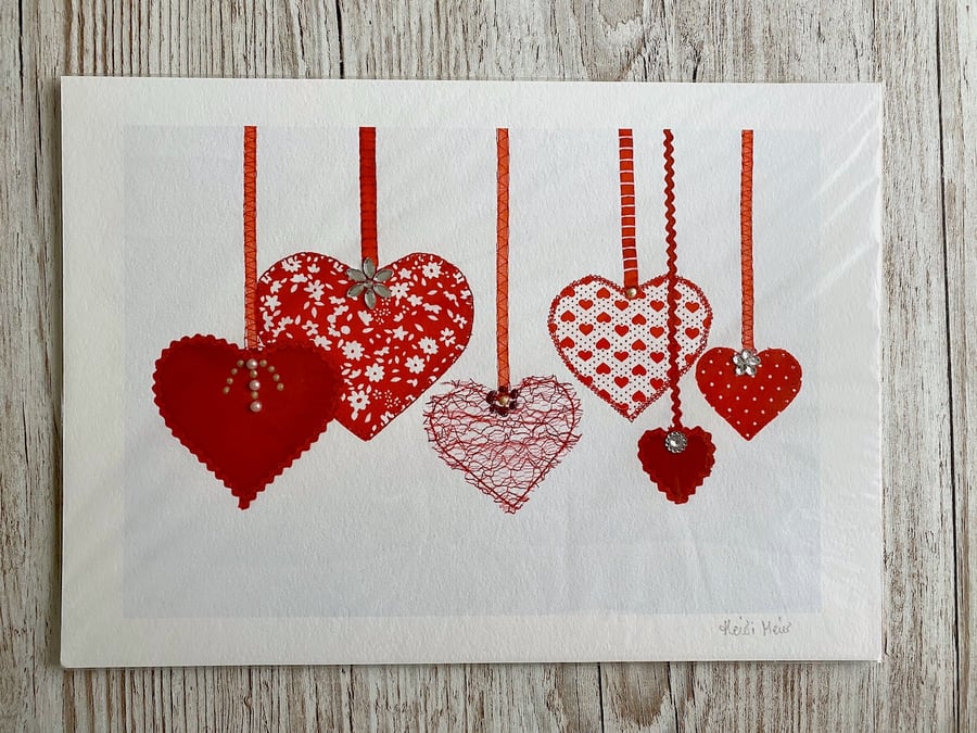 Scarlet Textile Hearts A4 embellished giclee print