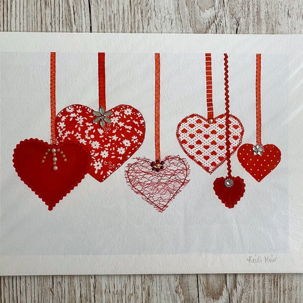 Scarlet Textile Hearts A4 embellished giclee print