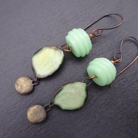 green lampwork glass, copper and ceramic earrings