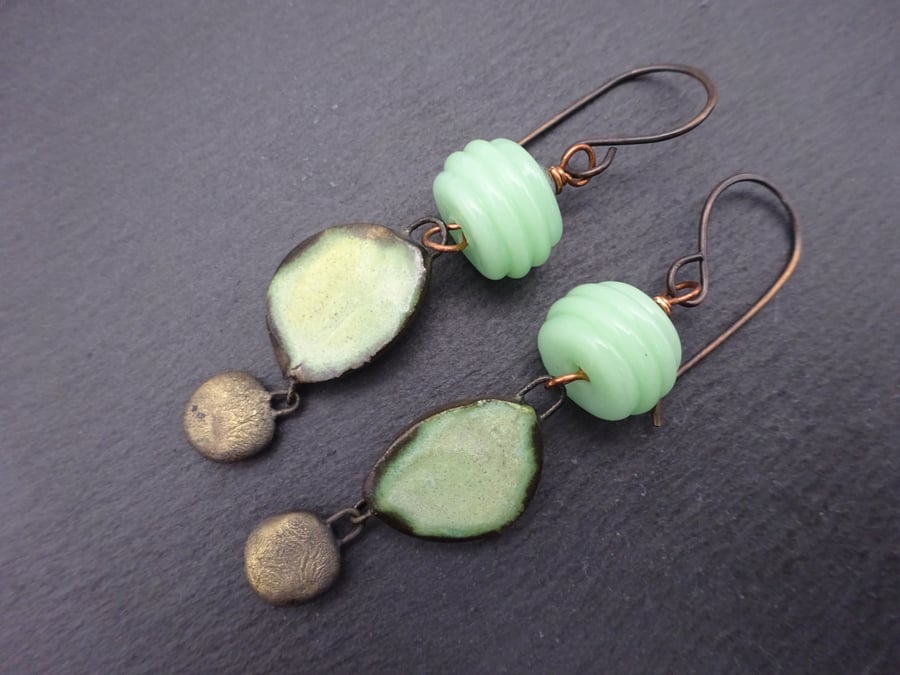 green lampwork glass, copper and ceramic earrings