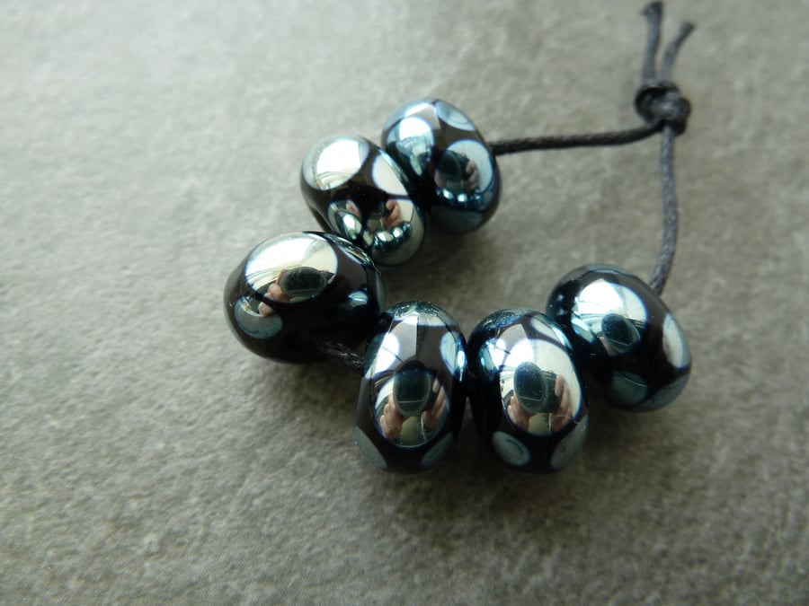lampwork glass beads, black and silver spots