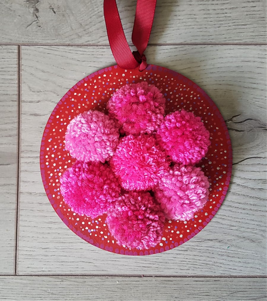 Pom Pom Pink Flower on wooden plaque 16cms dia