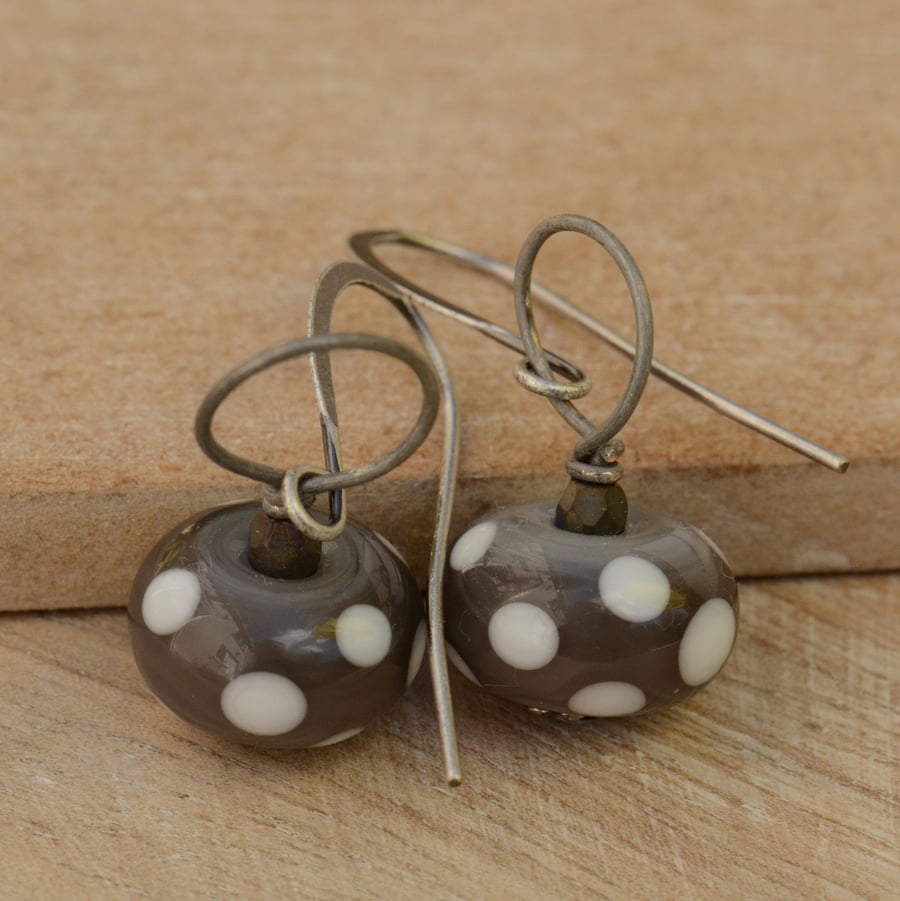 Grey Polka Dot Lampwork Glass Bead Earrings