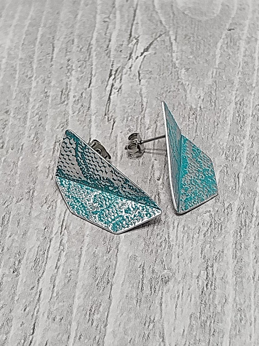 Aluminium Tin Geometric Stud Earrings – Half Folded Design – Silver Turquoise