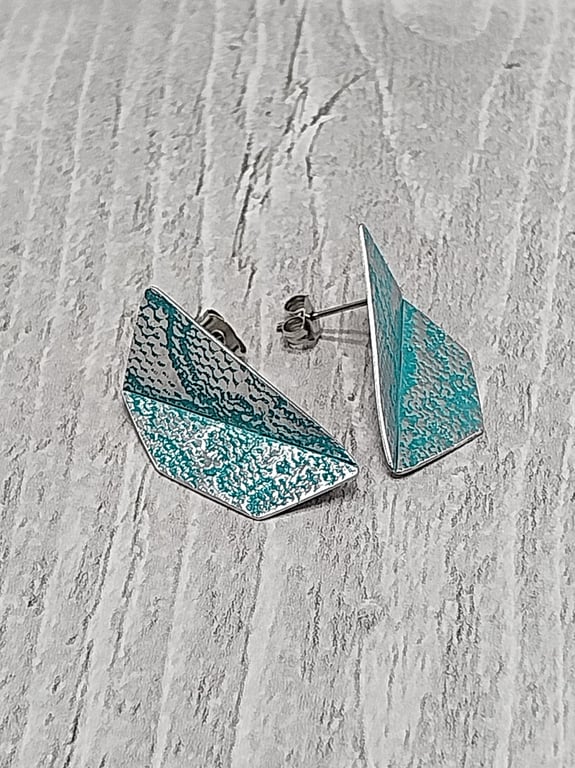 Aluminium Tin Geometric Stud Earrings – Half Folded Design – Silver Turquoise