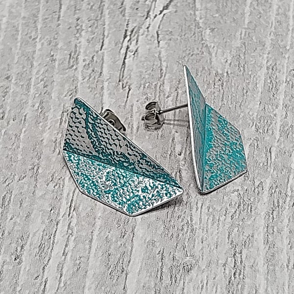 Aluminium Tin Geometric Stud Earrings – Half Folded Design – Silver Turquoise