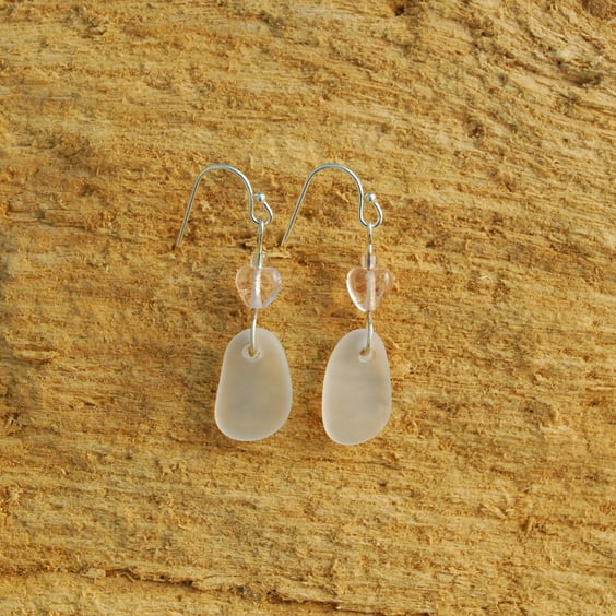 Beach glass earrings with tiny pink hearts