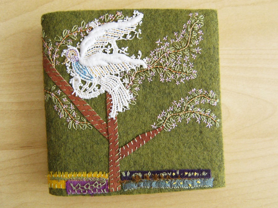 Forest Bird - Wool Felt Embroidered Journal - Artist Book - Hand Embellished