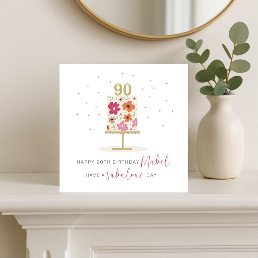 Personalised 90th Birthday Card - Hand Drawn Floral Cake Illustration