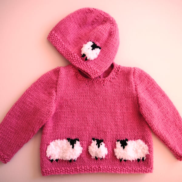Baby Knitting Pattern for Jumper and matching hat with Sheep.  Digital Pattern