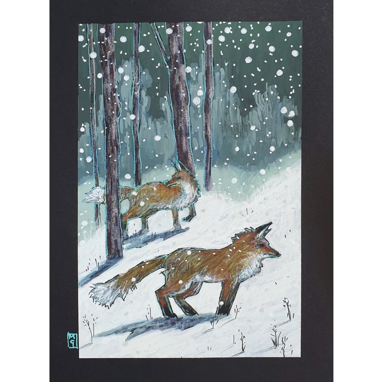 Foxes on a Winter Night original artwork, fox drawing animal wall art