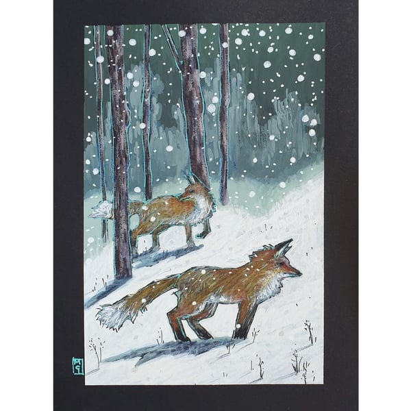 Foxes on a Winter Night original artwork, fox drawing animal wall art