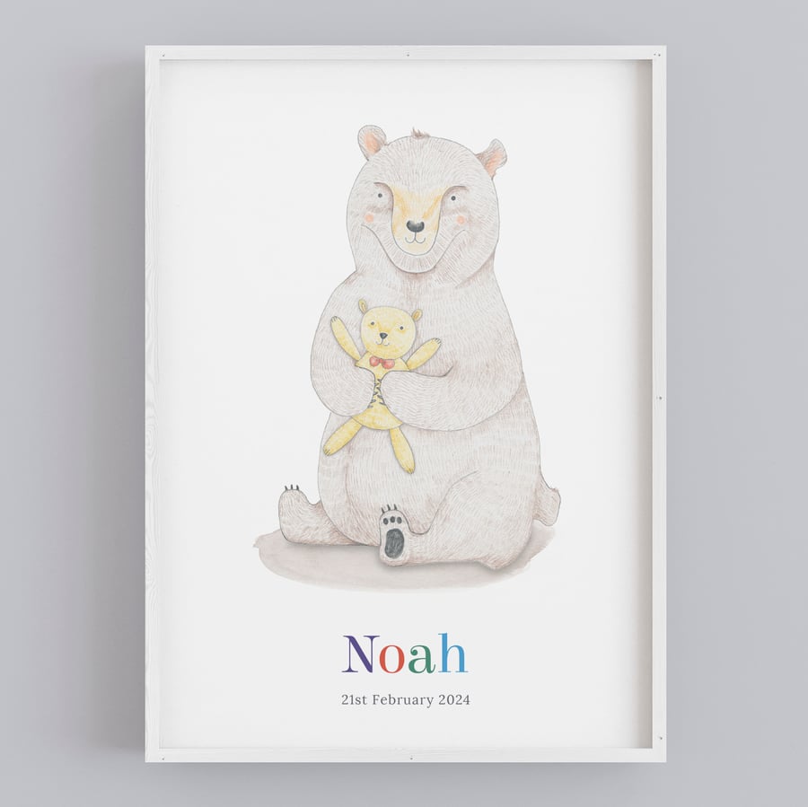 Personalised Bear Art Print: Nursery Decor, Custom Newborn, 1st Birthday Present
