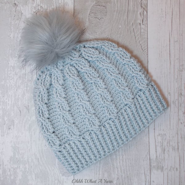 Ladies light grey cable pom pom hat. Crochet hat. Ladies hat.