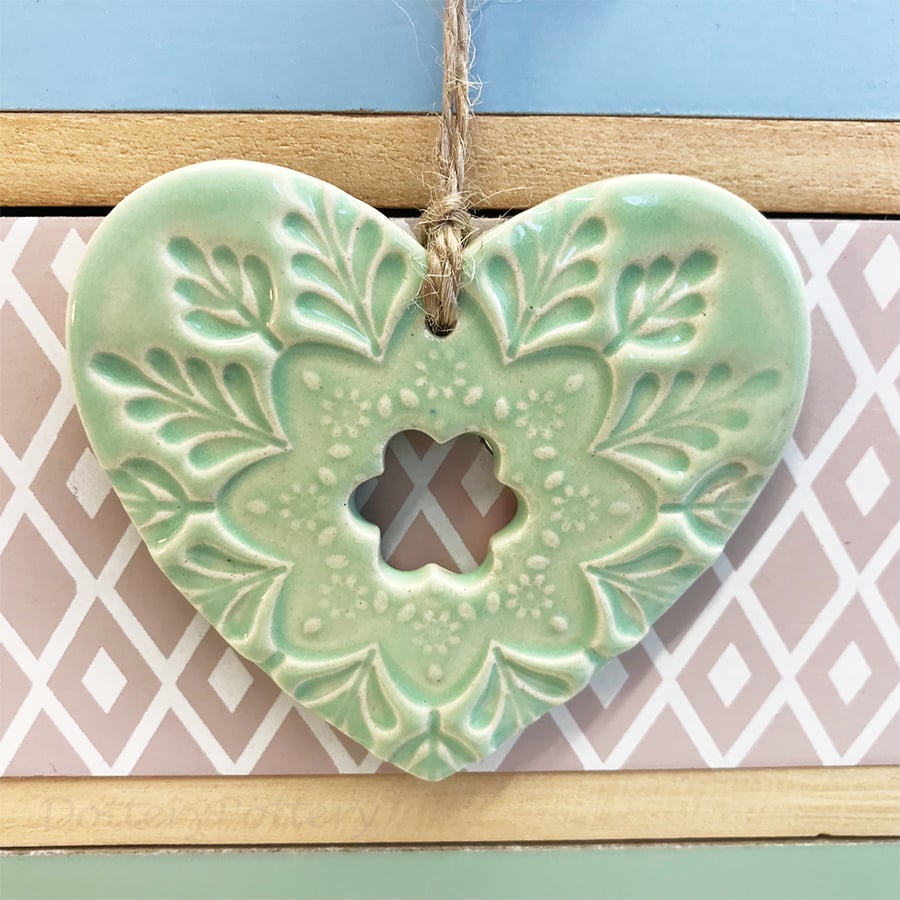 Ceramic heart hanging decoration Pottery Heart Folk art love heart mint green