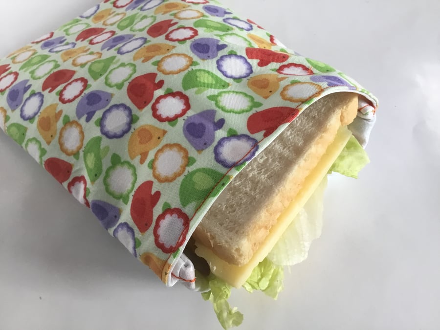 Large sandwich bag. Reusable, eco-friendly with bird design