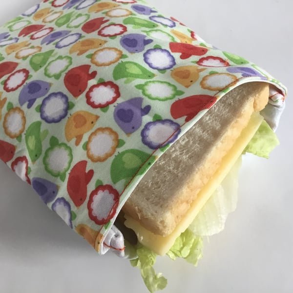 Large sandwich bag. Reusable, eco-friendly with bird design