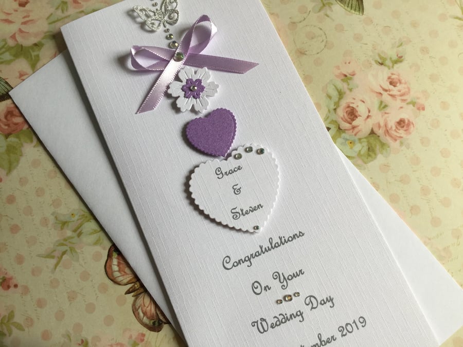 Personalised Handmade Wedding Day Card Lilac Engagement Any Anniversary 