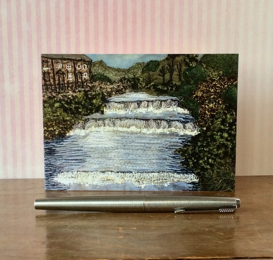 Embroidered Yorkshire Landscape with waterfall printed Card. 