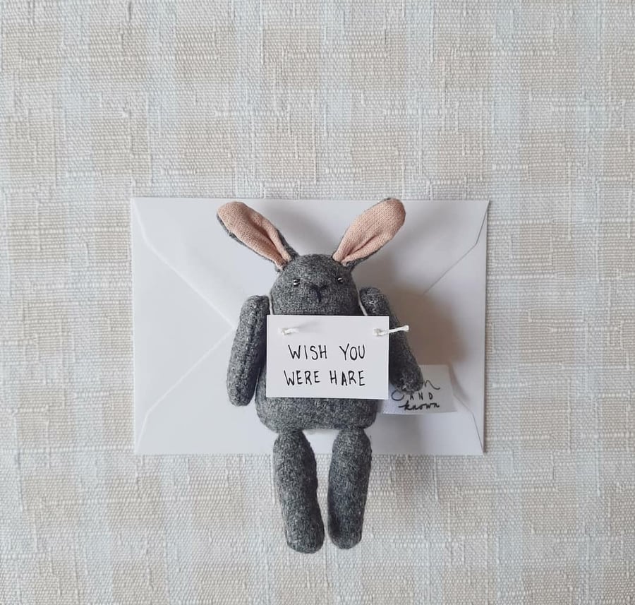 Small Pocket Grey Rabbit holding Note, I Miss You, Gift