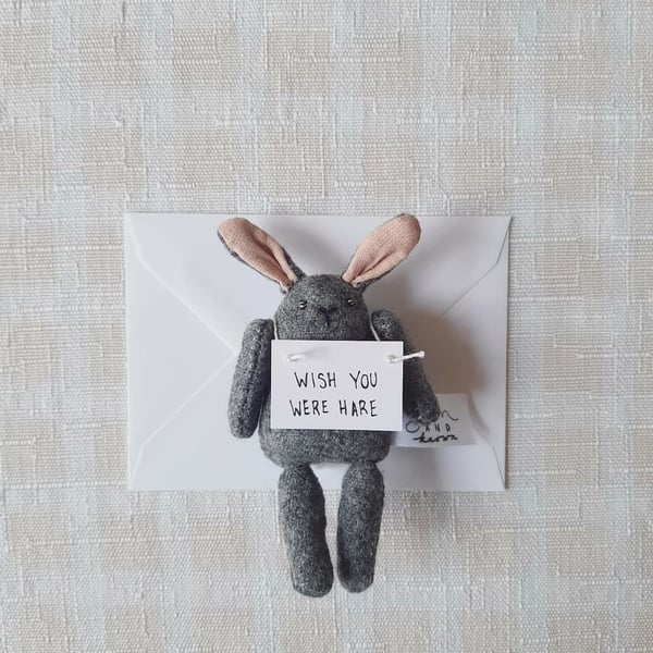 Small Pocket Grey Rabbit holding Note, I Miss You, Gift
